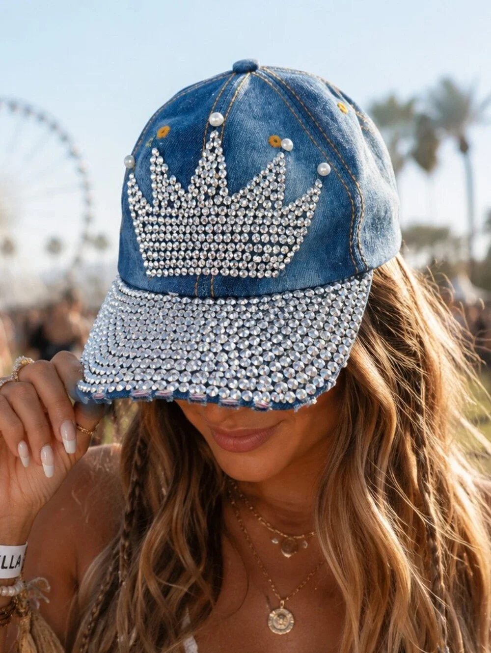 👑 Magid Hat's Rhinestone Crown Denim Baseball Cap | Bling Pearl Distressed Hat